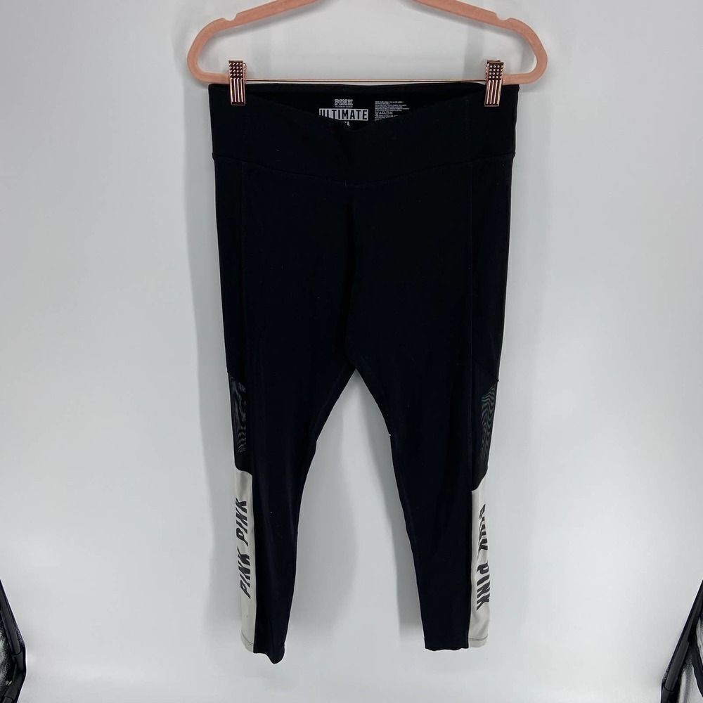 PINK Ultimate Yoga Black White Mesh Logo high rise full length Legging womens m